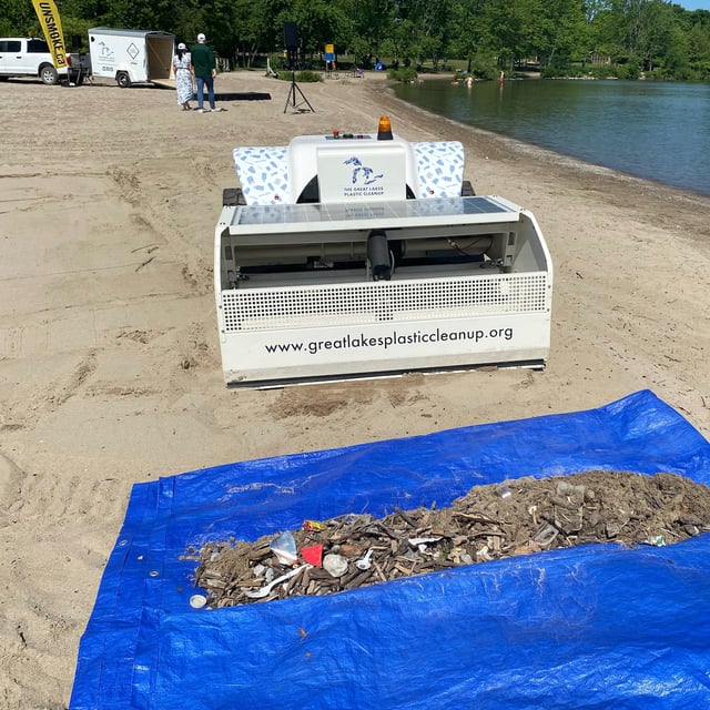 A robot, called a BeBot, as shown here at Sibbald Point Provincial Park in Sutton West, Ontario on Monday June 23, 2025. BeBot is a remotely operated and fully electric machine that removes debris such as plastic, glass, metal and paper from beaches through sand-sifting technology. THE CANADIAN PRESS/Vanessa Tiberio