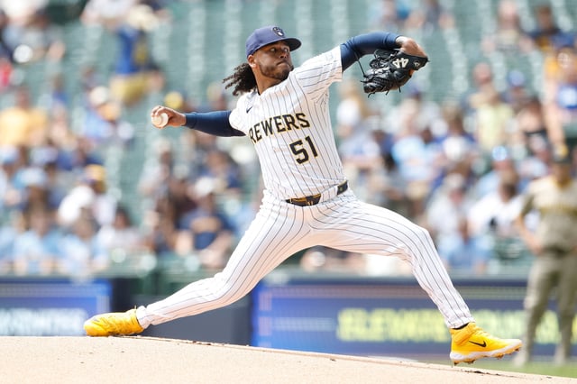 MILWAUKEE, WISCONSIN - JUNE 08: Freddy Peralta #51 of the Milwaukee Brewers throws a pitch in the first inning against the San Diego Padres at American Family Field on June 08, 2025 in Milwaukee, Wisconsin.