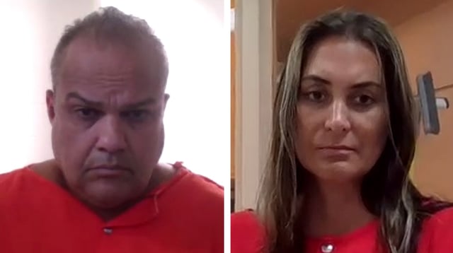 Suspended Osceola County Sheriff Marcos Lopez, left, during his first appearance on June 6, 2025 and his wife Robin Severance Lopez during her first appearance on June 24, 2025. Both first appearances were held via Zoom at the Lake County Jail. (Lake County Jail)