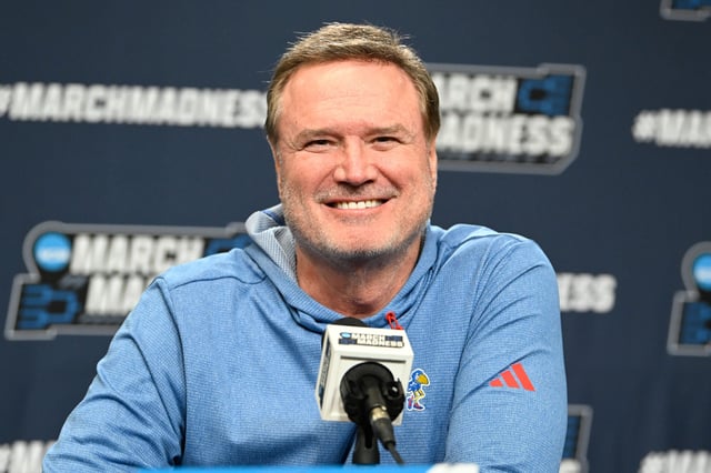 March 19, 2025; Providence, RI; Kansas basketball coach Bill Self speaks to the media during a press conference at Amica Mutual Pavilion.