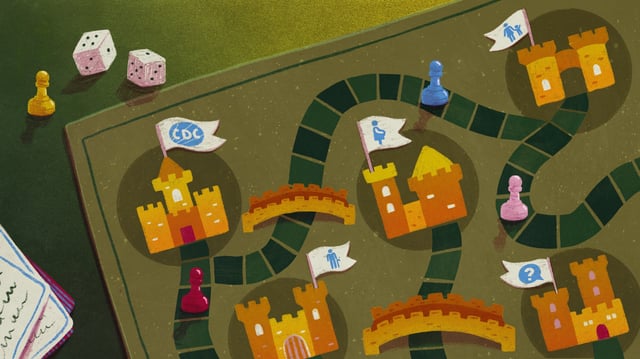 Illustration depicting a fictional board game with paths leading to various forts or castles that each have a symbol representing the various professional groups that will affect vaccine policy.