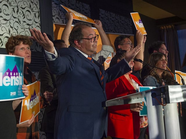 Alberta NDP Leader Naheed Nenshi speaks to supporters after winning the Edmonton Strathcona by-election  on Monday, June 23, 2025. 