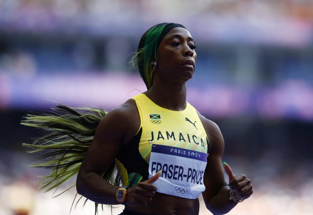 Paris 2024 Olympics - Athletics - Women's 100m Round 1 - Stade de France, Saint-Denis, France - August 02, 2024. Shelly-Ann Fraser-Pryce of Jamaica reacts after the heats. REUTERS/Sarah Meyssonnier/File Photo