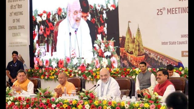 Union home minister Amit Shah chairs the 25th meeting of the Central Zonal Council, in Varanasi on Tuesday. ((@AmitShah X/ANI Photo))