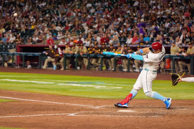 Jun 15, 2025; Phoenix, Arizona, USA; Arizona Diamondbacks infielder Josh Naylor (22) bats in the ninth inning against the San Diego Padresl at Chase Field. Mandatory Credit: Allan Henry-Imagn Images/File Photo