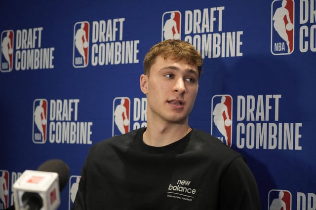 May 14, 2025; Chicago, Il, USA; Cooper Flagg talks to the media during the 2025 NBA Draft Combine at Marriott Marquis Chicago. Mandatory Credit: David Banks-Imagn Images/File Photo