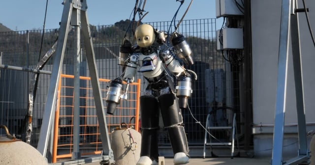 The iRonCub3 humanoid lifts off and hovers while adjusting for stability in real-time