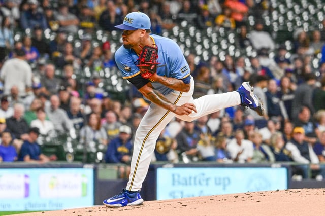 Sep 27, 2024; Milwaukee, Wisconsin, USA; Milwaukee Brewers starting pitcher Frankie Montas (47) pitches in the first inning against the New York Mets at American Family Field. Mandatory Credit: Benny Sieu-Imagn Images/File Photo
