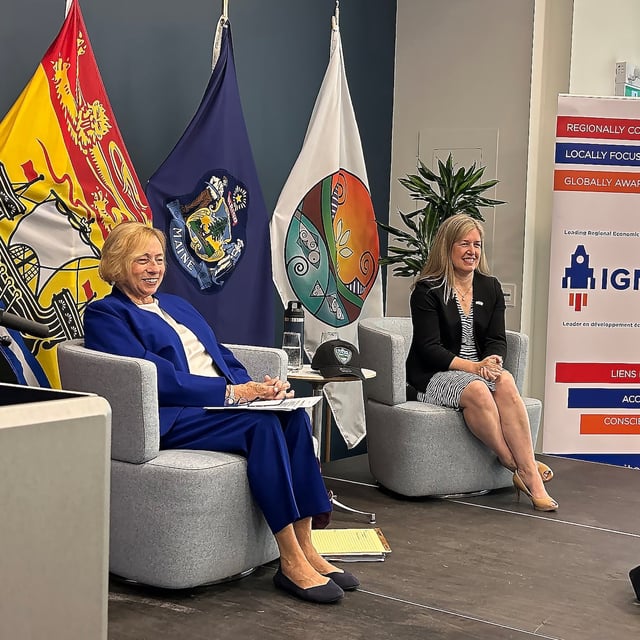 New Brunswick Premier Susan Holt, right, and Maine Governor Janet Mills talk tariffs, tourism and partnership during a press conference at the Fredericton’s Cyber Centre on Tuesday, June 24, 2025. THE CANADIAN PRESS/Hina Alam
