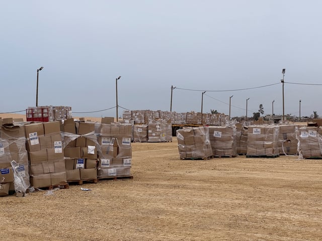 Boxes of aid are stacked as Gaza Humanitarian Foundation said it has commenced operations to begin distribution of aid, in Rafah, in the southern Gaza Strip, May 26, 2025. Gaza Humanitarian Foundation/Handout via REUTERS/File Photo