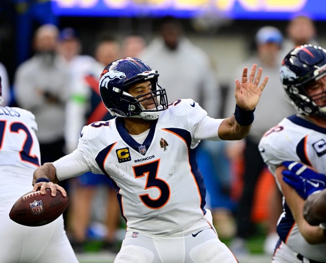 Denver Broncos quarterback Russell Wilson (3) in the second quarter against the Los Angeles Chargers at SoFi Stadium in Inglewood, California Sunday December 10, 2023. (Photo by Andy Cross/The Denver Post)