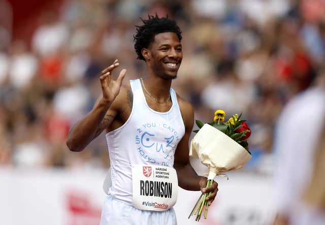 Athletics - Ostrava Golden Spike Meeting - Mestsky Stadion, Ostrava, Czech Republic - June 24, 2025 Chris Robinson of the U.S. celebrates winning the men's 400m hurdles REUTERS/David W Cerny