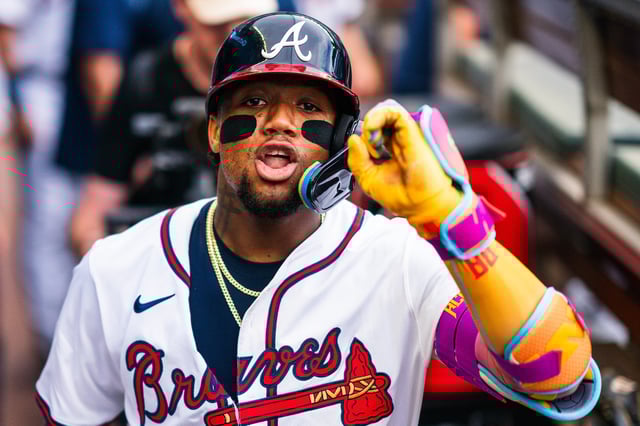 ATLANTA, GA - JUNE 18: Ronald Acuña Jr. #13 of the Atlanta Braves celebrates hitting a home run during the first inning against the New York Mets at Truist Park on June 18, 2025 in Atlanta, Georgia. (Photo by Matthew Grimes Jr./Atlanta Braves/Getty Images)