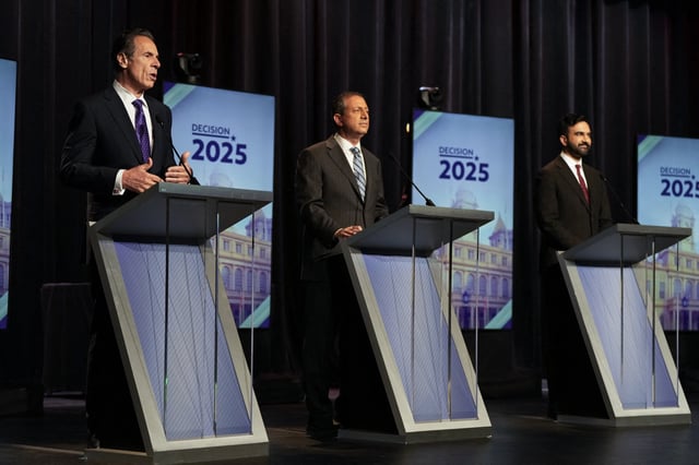 Democratic mayoral candidates (L/R) former Gov. Andrew Cuomo, city Comptroller Brad Lander and state Assemblymember Zohran Mamdani participate in the New York City Democratic Mayoral Primary Debate at the John Jay College of Criminal Justice in the Gerald W. Lynch Theater on June 12, 2025 in New York City.