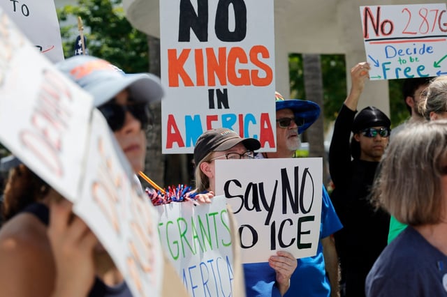 Protesters gather across the street from the 2025 National Sheriffs’ Association Annual Conference at the Broward County Convention Center in Fort Lauderdale on Tuesday, June 24, 2025. Section 287(g) authorizes U.S. Immigration and Customs Enforcement (ICE) to partner with state and local law enforcement officers giving them the authority to perform specified immigration officer functions. (Amy Beth Bennett / South Florida Sun Sentinel)