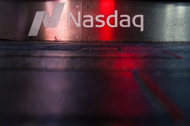 A logo is displayed at the Nasdaq stock market site in New York City, U.S., April 7, 2025. REUTERS/Kylie Cooper/File photo