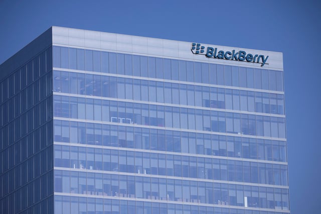 The Blackberry logo is shown on a office  tower in Irvine, California, U.S., October 20, 2020. REUTERS/Mike Blake/File Photo