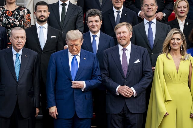 Front row from left, Turkey's President Recep Tayyip Erdogan, US President Donald Trump, King Willem-Alexander and Queen Maxima of the Netherlands, poses for a family photo at the 2025 NATO summit in The Hague, on Tuesday, June 24, 2025. (Haiyun Jiang/Pool Photo via AP)