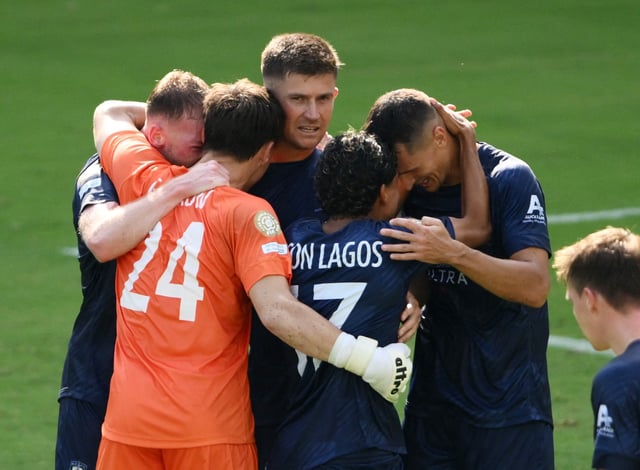 Soccer Football - FIFA Club World Cup - Group C - Auckland City v Boca Juniors - Geodis Park, Nashville, Tennessee, U.S. - June 24, 2025 Auckland City's Nathan Garrow, Jerson Lagos and teammates celebrate after the match IMAGN IMAGES via Reuters/Steve Roberts