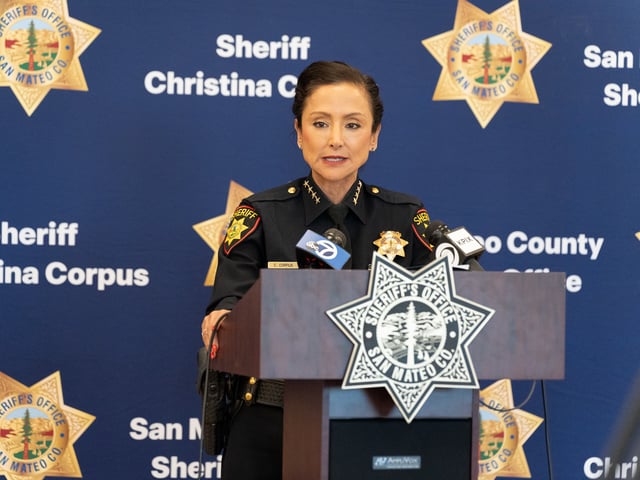San Mateo County Sheriff Christina Corpus speaks at a last-minute conference at the San Mateo County Sheriff’s Office in Redwood City on Nov. 12, 2024. Photo by Anna Hoch-Kenney.
