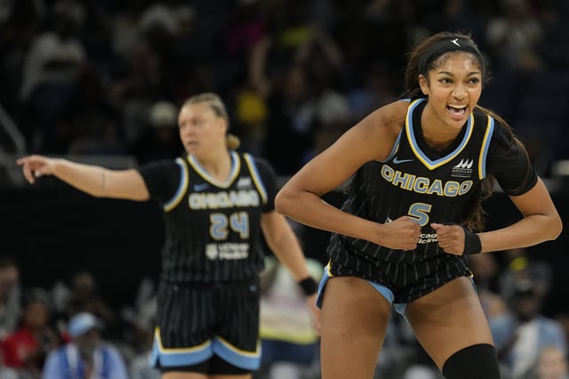 Angel Reese #5 of the Chicago Sky celebrates against the Phoenix Mercury during the second quarter at Wintrust Arena on June 21, 2025 in Chicago, Illinois.