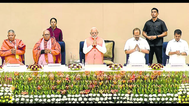 Prime Minister Narendra Modi attends the centenary celebration meeting of the historic conversation between Sree Narayana Guru and Mahatma Gandhi in New Delhi. (PTI)