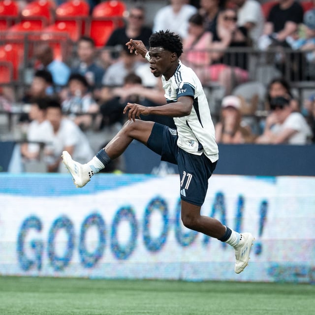 Vancouver Whitecaps' Emmanuel Sabbi vies for the ball during the second half of an MLS soccer match against the Seattle Sounders in Vancouver, on Sunday, June 8, 2025. THE CANADIAN PRESS/Ethan Cairns