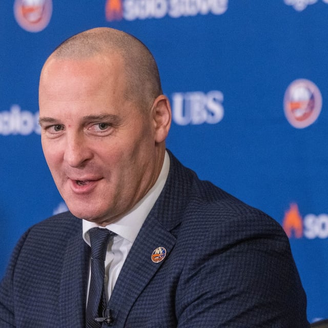 Mathieu Darche speaks as he is introduced as the new General Manager of the New York Islanders at UBS Arena in Elmont, N.Y., Thursday, May 29, 2025. (Howard Schnapp/Newsday via AP)