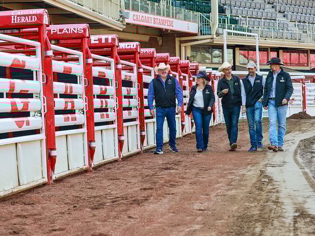From left: University of Calgary veterinary medicine researcher Dr. Ed Pajor, Calgary Stampede Director of Agriculture & Western Events Kristina Barnes, U of C veterinary medicine researchers Dr. Renaud Léguillette and Dr. Thilo Pfau and Agriculture & Western Events manager Brett Warder walk in the Calgary Stampede infield on Tuesday, June 24, 2025. The Calgary Stampede was highlighting the organization’s ongoing animal welfare research partnership with the U of C.