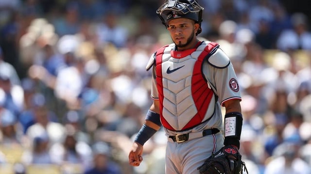 Jun 22, 2025; Los Angeles, California, USA;  Washington Nationals catcher Keibert Ruiz (20) looks on during the sixth inning against the Los Angeles Dodgers at Dodger Stadium. Mandatory Credit: Kiyoshi Mio-Imagn Images
