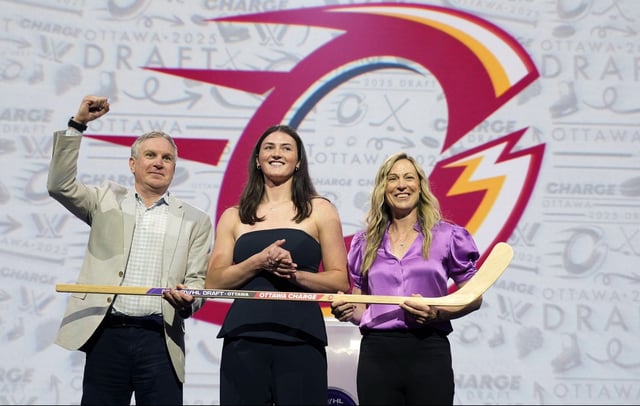 The Ottawa Charge selected defender Rory Guilday (centre) in the first round of the PWHL draft at the Hard Rock Hotel & Casino last night.