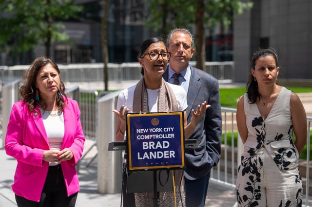 New York City Council Member Shahana Hanif speaks besides New York Assembly Member Jessica Gonzalez-Rojas, New York City Comptroller Brad Lander, and  New York City Council Member Tiffany Caban, and outside the Weiss Federal Building after husband was taken away by federal law enforcement officers Friday, June 20, 2025 in Manhattan, New York.(Barry Williams/ New York Daily News)