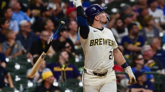 Jun 24, 2025; Milwaukee, Wisconsin, USA;  Milwaukee Brewers third baseman Caleb Durbin (21) reacts after hitting a three-run home run in the fourth inning against the Pittsburgh Pirates at American Family Field. Mandatory Credit: Benny Sieu-Imagn Images