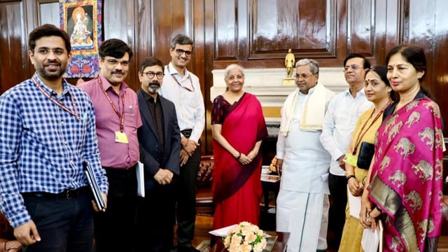 Chief minister Siddaramiah meets Union finance minister Nirmala Sitharaman, in New Delhi on Tuesday. (ANI)