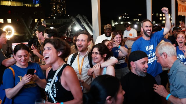Supporters of Democratic mayoral candidate Zohran Mamdani cheer as they watch results come in at his primary election party, Tuesday, June 24, 2025, in New York. (AP Photo/Heather Khalifa)