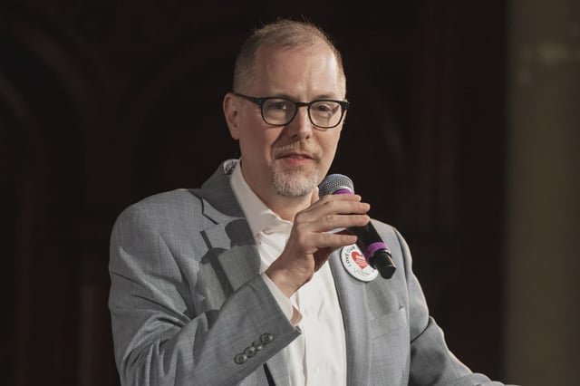 Mark Levine speaks at a rally celebrating The Center at West Park in March.