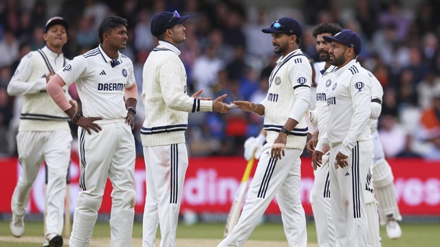 India's captain Shubman Gill, third left, celebrates with teammates after the dismissal of England captain Ben Stokes on day five of the first cricket test match between England and India