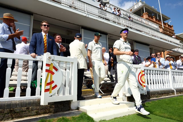 Cricket - 2025 ICC World Test Championship Final - South Africa v Australia - Lord's Cricket Ground, London, Britain - June 14, 2025 Australia's Pat Cummins and teammates walks out of the Lord's Pavilion to mark the beginning of Day 4 Action Images via Reuters/Andrew Boyers/File Photo