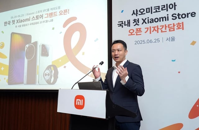 This photo, taken June 25, 2025, and provided by Xiaomi Technology Korea LLC, shows the company's General Manager Jony Wu speaking about the opening of the company's first offline store in South Korea during a press conference at the Conrad Seoul hotel in Yeouido, Seoul. (PHOTO NOT FOR SALE) (Yonhap)