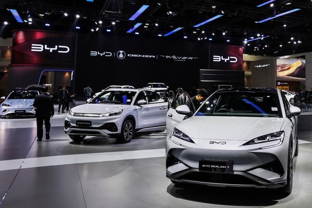 BYD EV cars are displayed at the 46th Bangkok International Motor Show in Bangkok, Thailand, March 24, 2025. REUTERS/Chalinee Thirasupa/File Photo