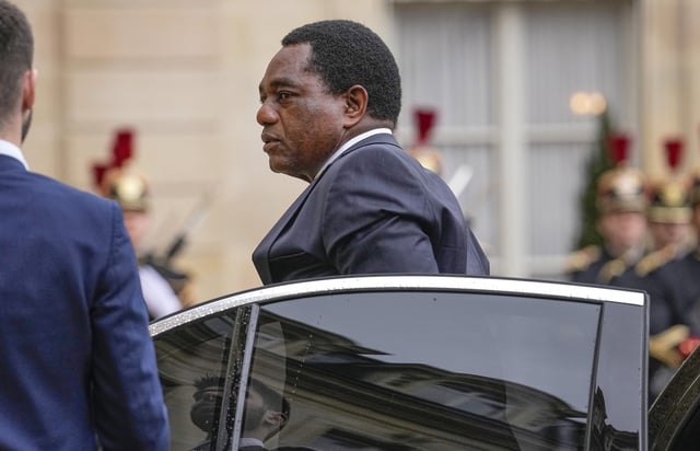 FILE - Zambian President Hakainde Hichilema arrives at the Elysee Palace in Paris, Wednesday, May 10, 2023, to meet French President Emmanuel Macron. Zambian President Hakainde Hichilema will discuss with French President Emmanuel Macron on economic issues. (AP Photo/Michel Euler, file)