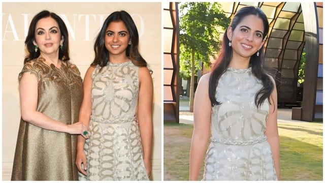 Isha Ambani wears a Valentino dress with Nita Ambani in 2019 (left) and for The Serpentine Summer Party in 2025 (right). 
