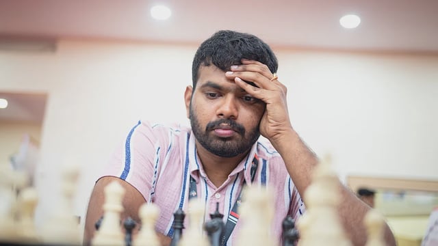Grandmaster Lalit Babu in action at the Mumbai International Grandmaster Chess Tournament and Junior International Chess Tournament in Mumbai on Tuesday.