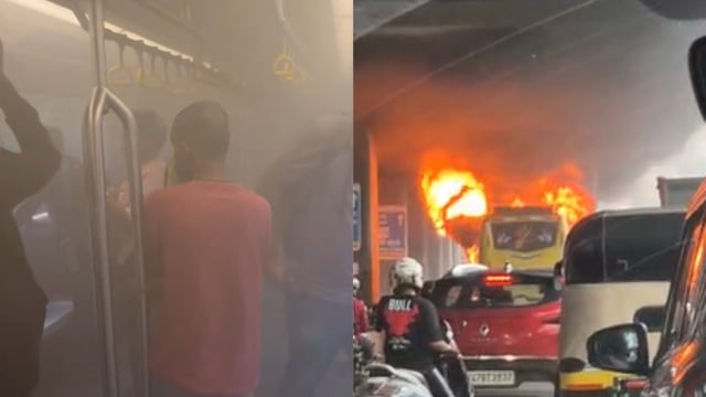 A bus was engulfed in a massive fire while it was below a metro station in Mumbai's suburban borivali area.