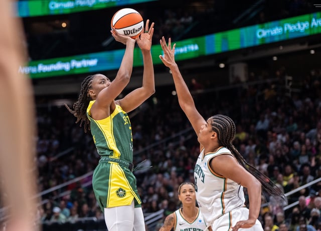 Jun 22, 2025; Seattle, Washington, USA;  Seattle Storm forward Nneka Ogwumike (3) shoots the ball New York Liberty center Nyara Sabally (8) at Climate Pledge Arena. Mandatory Credit: Stephen Brashear-Imagn Images