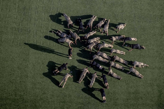 California Army National Guard members, part of a deployment by President Donald Trump to Los Angeles, exercise at Joint Forces Training Base Los Alamitos on Friday.