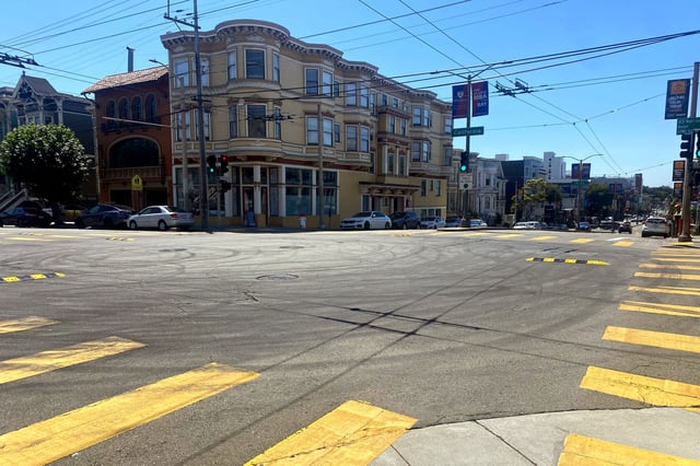 The city of San Francisco installed these speed bumps at the corner of Divisadero and California streets in July, 2024, to discourage disruptive sideshows. Now, a city program to “calm” traffic is ending.