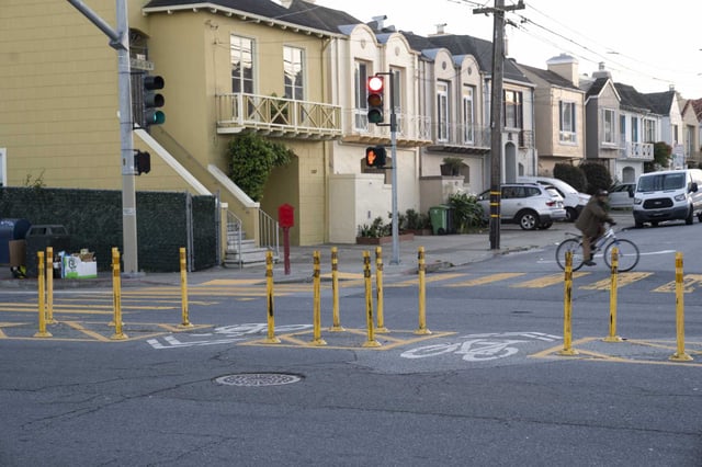 These bike lanes were installed as part of a slow street initiative in San Francisco, in January. Similar speed bumps have been made using a different city program, that is now coming to an end.