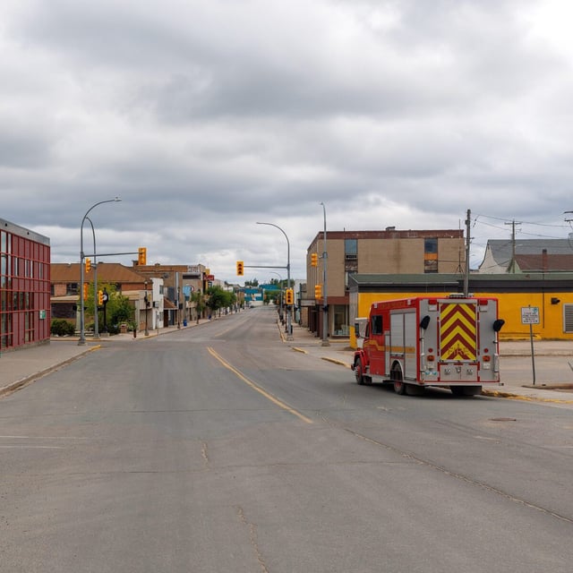An empty Main Street in Flin Flon, Man., June 12. Thousands are expected to return home today after a menacing wildfire forced them out nearly a month ago.