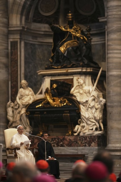 Pope Leo XIV leads a meditation with the participants into the Jubilee of Bishops inside St. Peter's Basilica, at the Vatican, Wednesday, June 25, 2025. (AP Photo/Andrew Medichini)